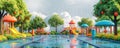 Rainy season park, flat design, front view, recreational theme, 3D render, split-complementary color scheme