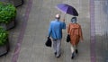 Rainy spring and senior couple under the umbrella
