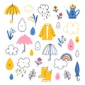 Rainy spring weather, cute vector characters set