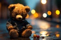 On a rainy street, a dejected teddy bear mourns in solitude