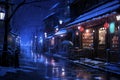 rainy street at night with lights and umbrellas