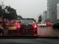 rainy street photo from inside the car