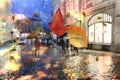 Rainy street rain drops on window glass people walk Autumn leaves fall,blurred evening city bokeh light  lifestyle scene weather f Royalty Free Stock Photo