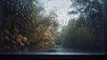 Rainy sunny day, beautiful landscape photo, view through the windows on which there are drops of rain Royalty Free Stock Photo