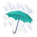 Rainy umbrella spring or springtime single isolated icon with sticker outline cut style