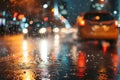 Rainy urban blurred background, night city lights from car headlights and lanterns, cars driving on a wet road at night Royalty Free Stock Photo