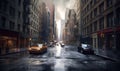 Rainy urban city gray weather. Sidewalk street with wet asphalt. Generative AI