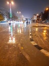 Rainy view of the road during night time at Delhi India, Heavy Rain during night time view