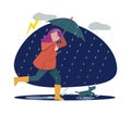 Rainy walking with dog. Girl with umbrella in storm weather, autumn season. Pet holder walk time vector illustration Royalty Free Stock Photo