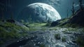 Rainy weather on alien planet with green plants. Generative AI