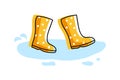 Rainy weather. Bright yellow boots walking in puddle. Yellow high rubber boots isolated on white. Polka dot yellow shoe