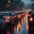 Rainy weather, car traffic jam, road congestion scene