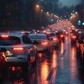 Rainy weather, car traffic jam, road congestion scene