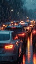 Rainy weather, car traffic jam, road congestion scene