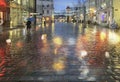 Rainy weather in the City Christmas Tallinn Old town street night light people walking with umbrellas rain drops reflection on Royalty Free Stock Photo