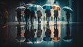 Rainy weather concept. Group of people with umbrella walking in the rain.