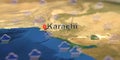 Rainy weather icons near Karachi city on the map, weather forecast related 3D rendering Royalty Free Stock Photo