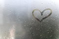 Rainy weather, the inscription heart on the sweaty glass