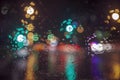 Rainy weather, night city, raindrops through the glass, abstract background from the light of cars and traffic lights, defocus, Royalty Free Stock Photo