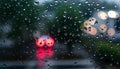 Rainy window with city lights, atmospheric urban view, Stock Photo, Generative AI