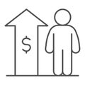 Raise employee salary income thin line icon. Upward arrow with dollar and person outline style pictogram on white