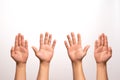 Raise hand up, left and right hand raise isolate on white backgrounds in four action.