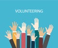Raise hands Hand gesturing Volunteering Voting. Blue background. Vector illustration