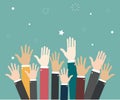 Raise hands Hand gesturing Volunteering Voting. Green background. Vector illustration Royalty Free Stock Photo