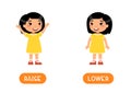 RAISE and LOWER antonyms flashcard vector template. Opposites concept.