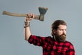 Raise a riot. male hairdresser or barbershop. brutal butcher in shirt. lumberjack ready to work in forest. confident Royalty Free Stock Photo