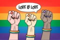 Raised Arm Fist. Vector Banner, Lgbt Rainbow, Transgender Flag. Pride Month Concept. Against Violence, Descrimination