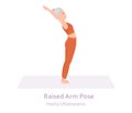 Raised Arm Yoga pose. Hasta Uttanasana. Elderly woman practicing yoga asana. Healthy lifestyle. Flat cartoon character