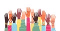 Raised arms and hands of diverse multicultural people, cartoon vector illustration on white background.