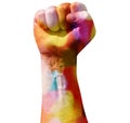 Raised clenched fist in rainbow colors isolated on white background. LGBT lesbian and gay or socialism, communism, revolution, wor