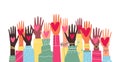 Raised diverse multiethnic hands with hearts, flat vector illustration isolated.