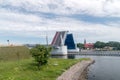 Raised drawbridge over Martwa Wisla river. Bridge to Sobieszewo Island