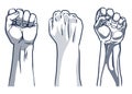 Raised fist hand gesture monochrome drawn emblems. Vector hand clenched into fist and rising up, symbols isolated on Royalty Free Stock Photo