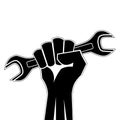 Raised fist holding a wrench icon vector. Clenched fist holding open end wrench vector. Hand holding work tool icon. Black and whi