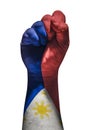 Raised fist painted in Philippine Flag. Showing strong and love for the country.