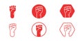 Raised fists, hands up. Symbol of unity, revolution, protest, cooperation, power. Red color icons and logo. Cute simple cartoon