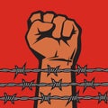 Raised hand with clenched fist behind barbed wire. Vector illustration isolated on red background. Royalty Free Stock Photo