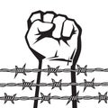 Raised hand with clenched fist behind barbed wire. Vector.