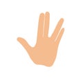 Raised hand with the thumb extended, while the fingers are parted between the middle and ring finger. Vulcan salute hand