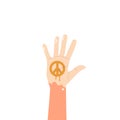 Raised Hand With Vibrant Painted Peace Symbol, Reaches Upward. Vivid Expression Of Harmony And Unity