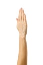 Raised hand voting or reaching. Woman hand gesturing isolated on white