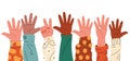 Raised hands. Cartoon human palms with different gestures, group of diverse people arms rising together volunteer