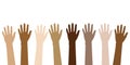 Raised hands in different skin colors isolated on white Royalty Free Stock Photo