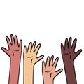 Raised hands different skin colour. Equality and diversity, race unity, international community concept. Illustration in