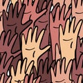 Raised hands different skin colour seamless pattern. Equality and diversity, race unity, international community concept