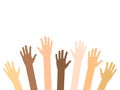 Raised hands of diversity people vector isolated on white. Teamwork and volunteering concept.